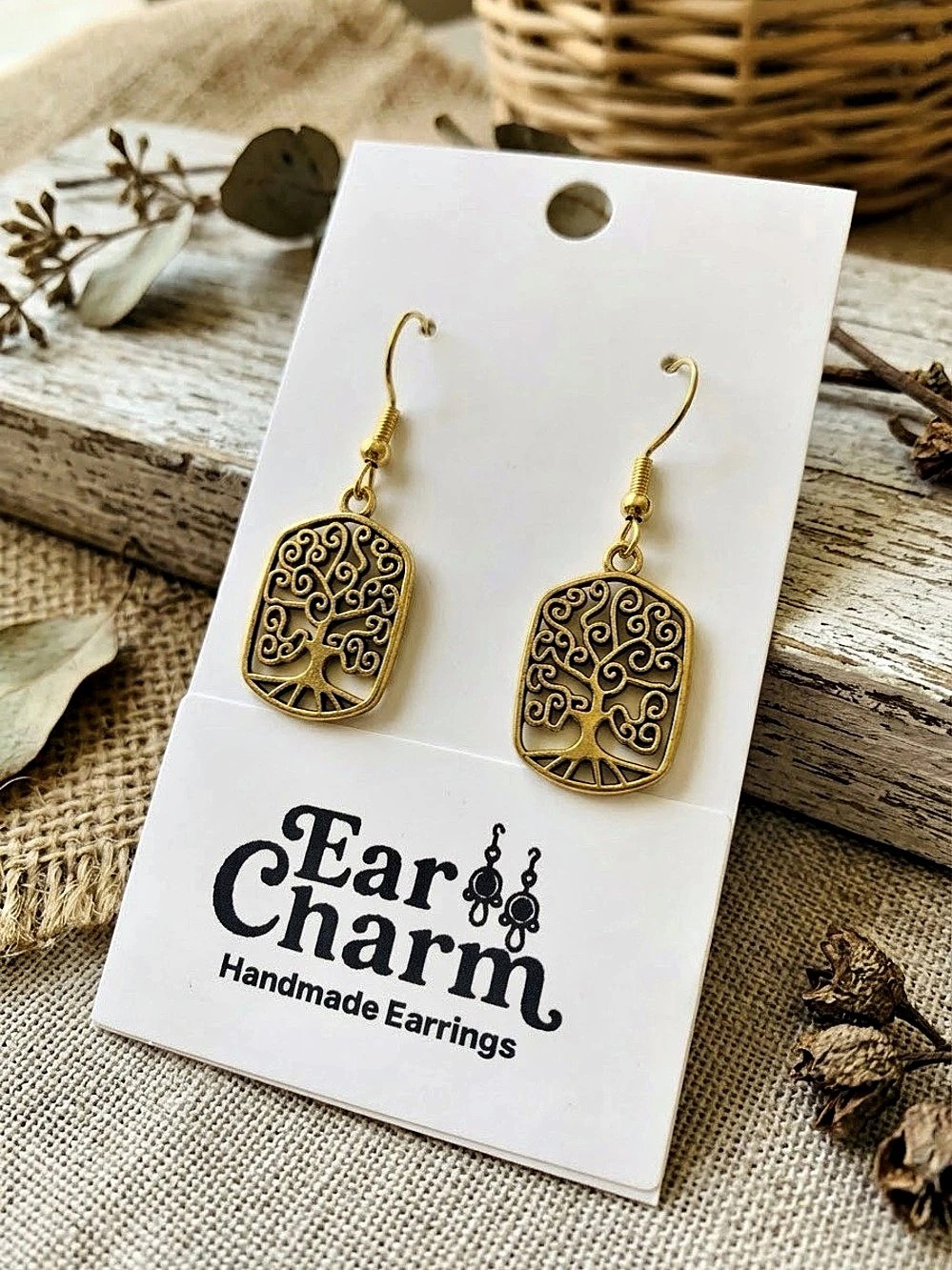 Tree of Life Handmade Earrings Gold Dangle
